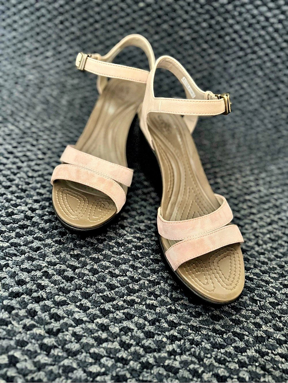 Crocs Leigh II Ankle Strap Graphic Wedge Sandal light tan. Neutral